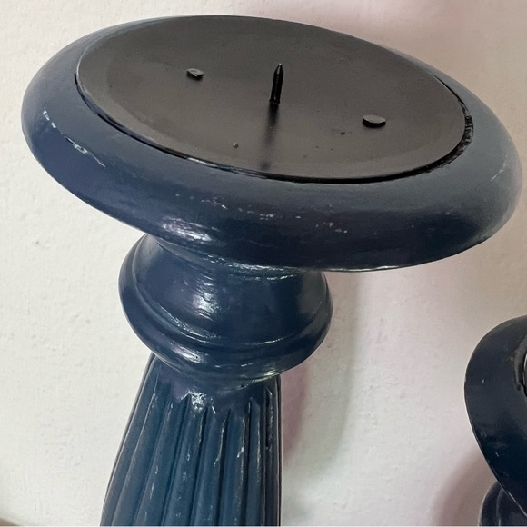 2 Blue Wooden Hand Painted Candle Holder Set Home Decor Rustic Modern Custom Mad - Picture 5 of 13